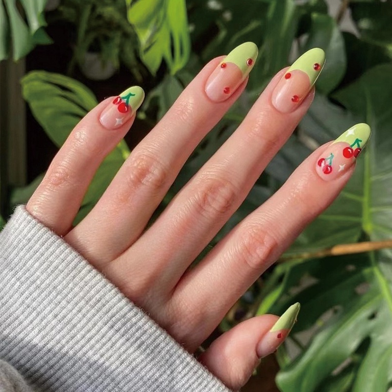 Nail Art Red Cherry - 24Pcs French Almond False Nails Green-edged