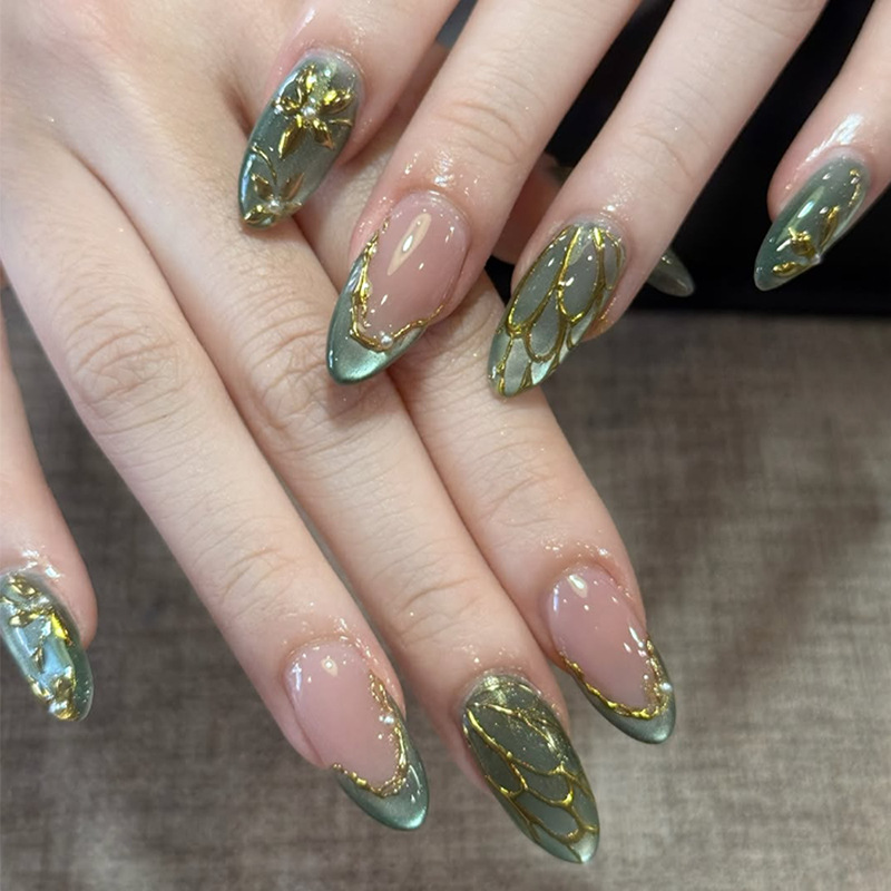 Nail Art Eye Cat - 24pcs Green Cat Eye Fake Nails