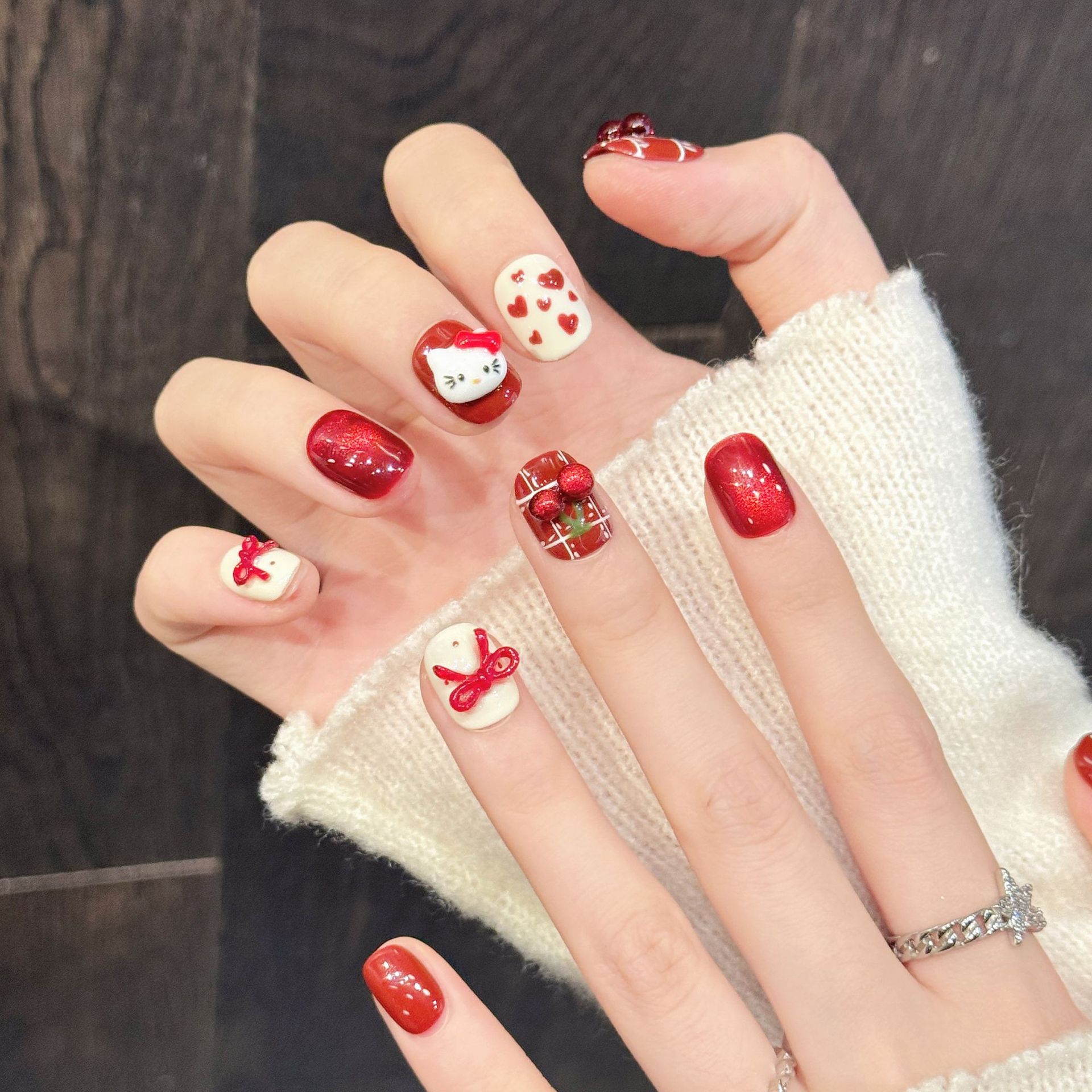 Nail Art Red Cherry - 10PCS Handmade Nail Art Red White