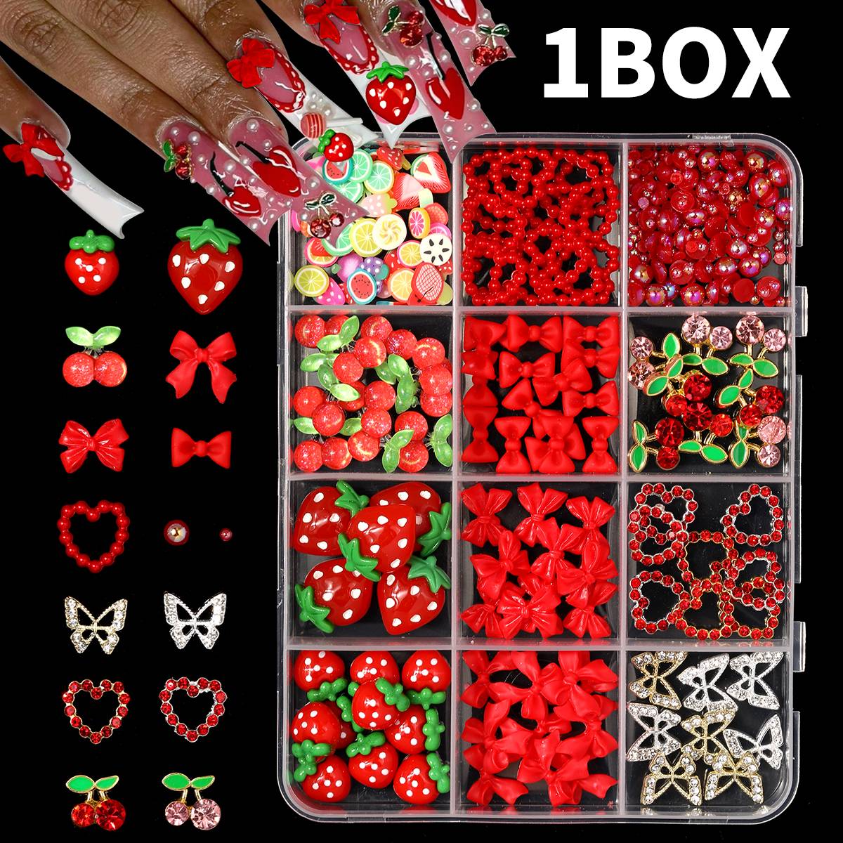 12Grids 3D Red Cherry/Bow/Stra - đánh giá và giá Nail Art Red Cherry