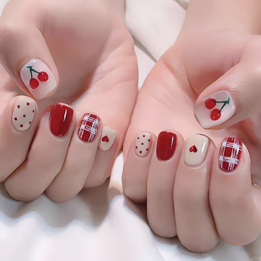 Short Square fake nails for wo - đánh giá và giá Nail Art Red Cherry